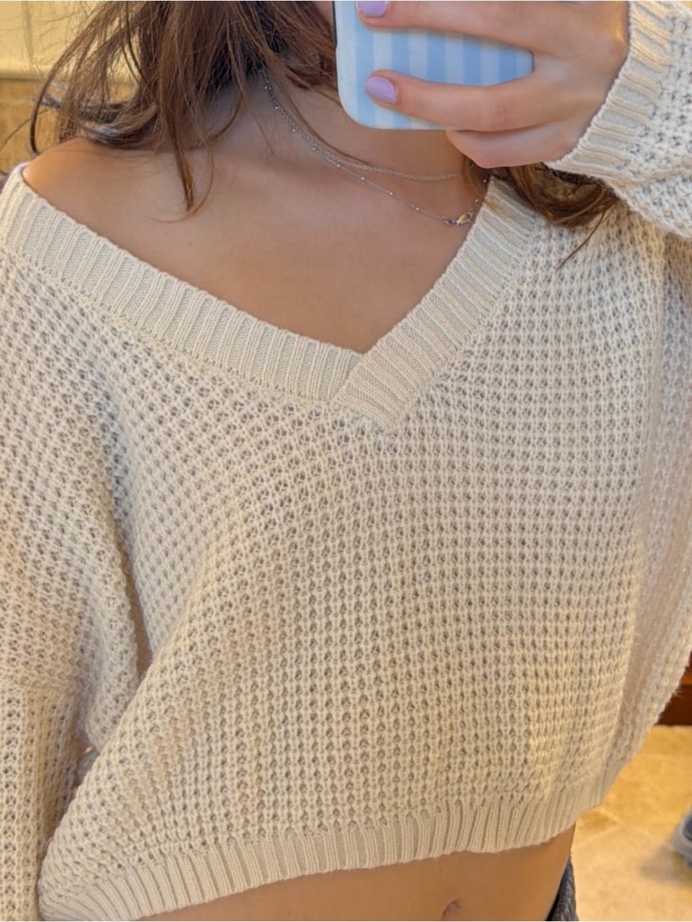 Cream V-Neck Knit Sweater - Women